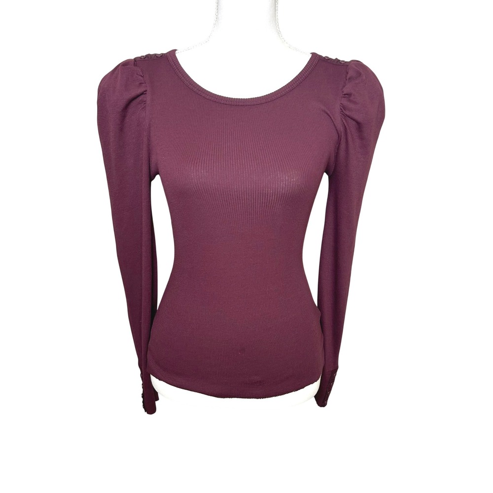 Nation LTD Women LS Top Burgundy Puff Shoulder Button Cuff Ribbed Pima Cotton S